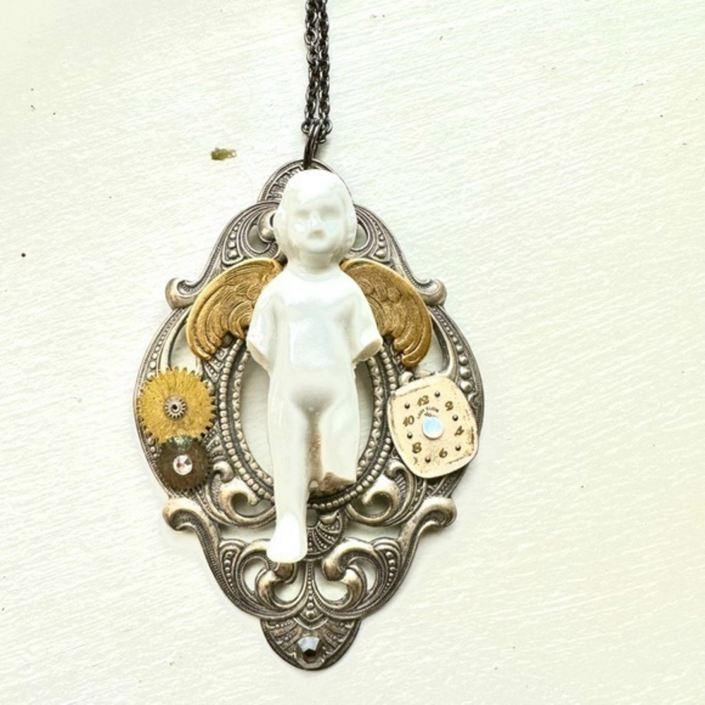 Steampunk necklace with vintage‎ porcelain doll Lady  Elgin watch face Wings